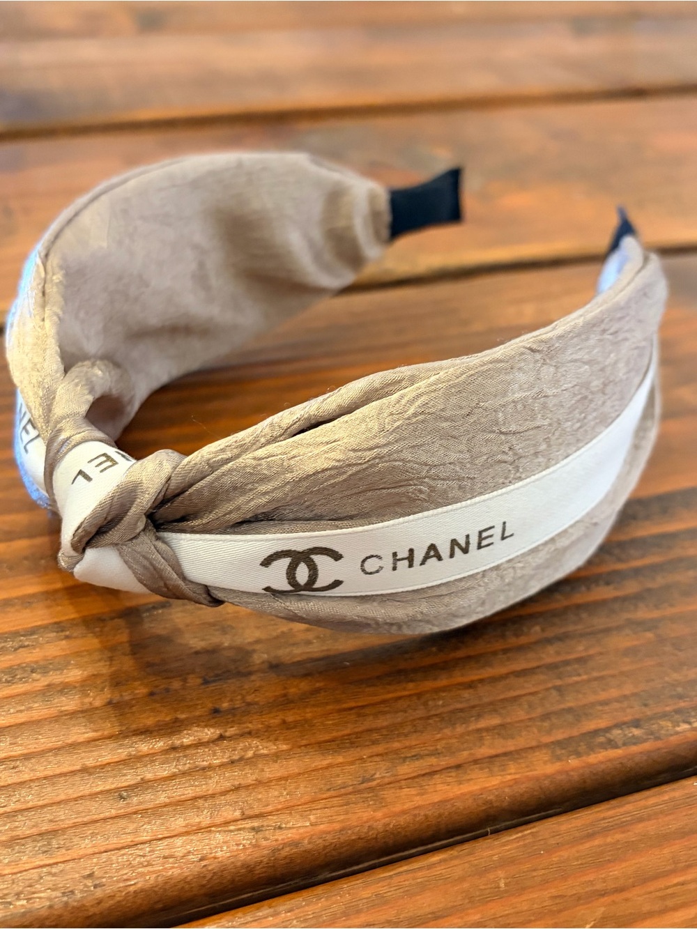 Taupe Knot Headband with White Logo Ribbon